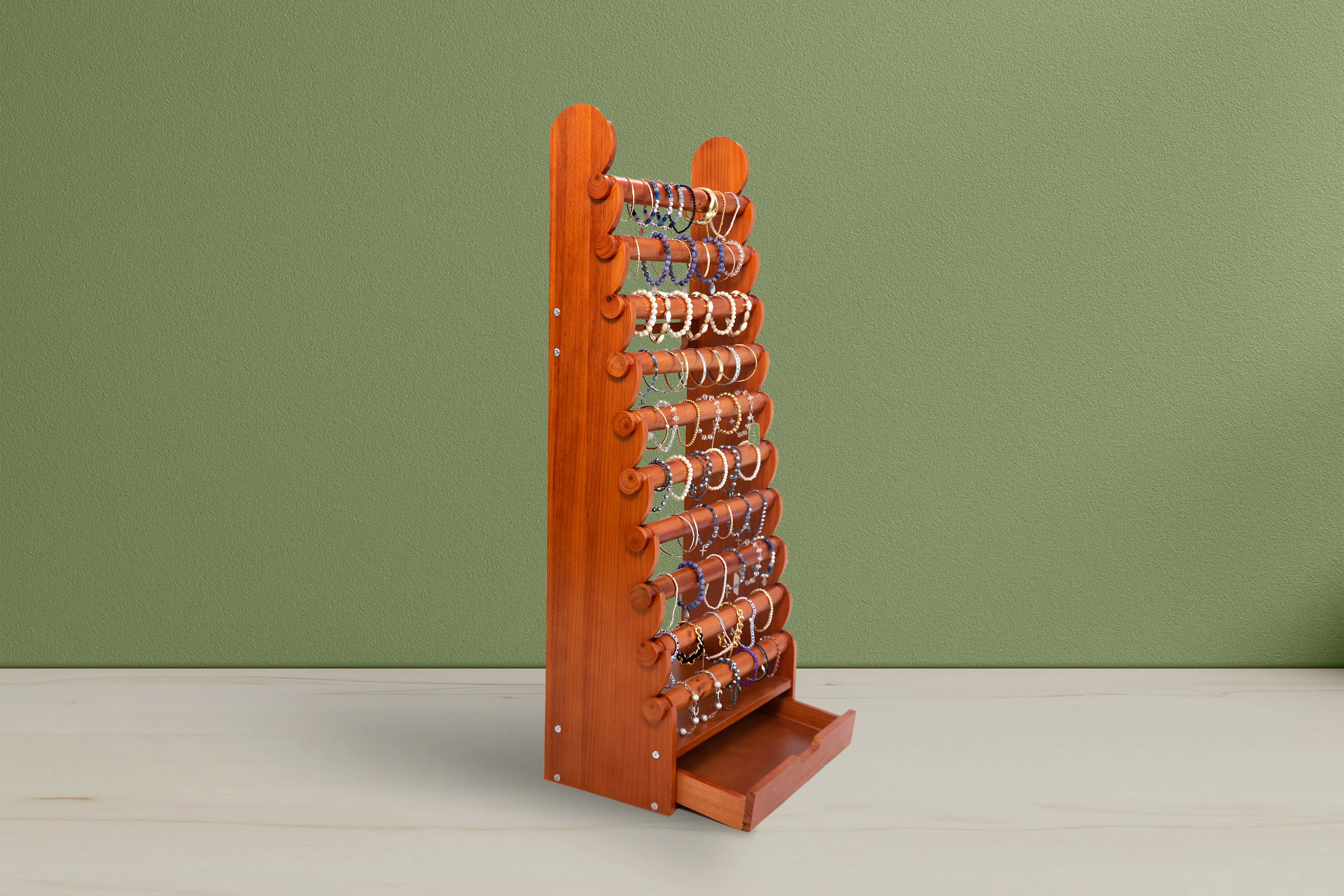 10-Tier Light Wood Bracelet Display — full display