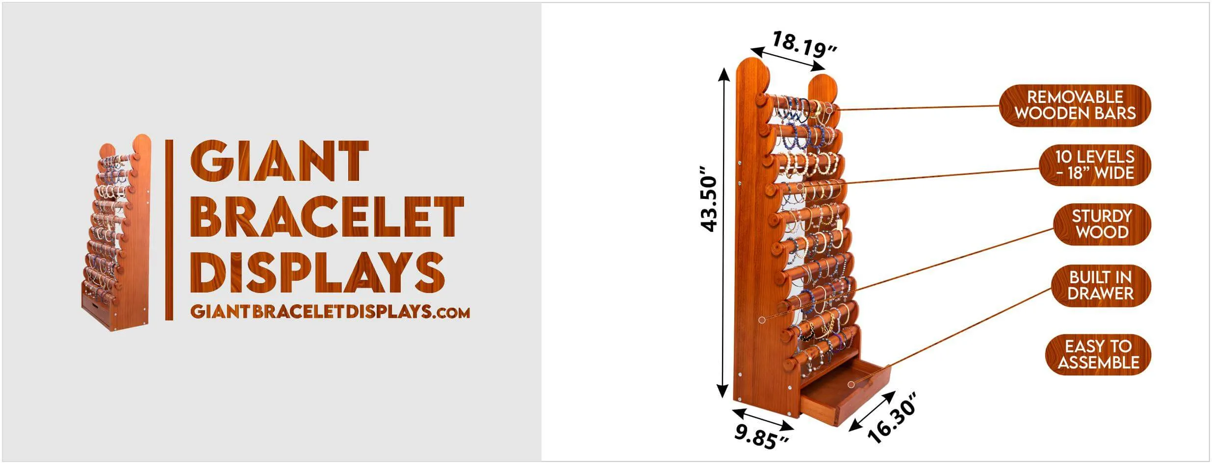 The 10-tier bracelet display with its dimensions called out: 43.5 inches tall, 18.19 inches wide, 9.85 inches deep