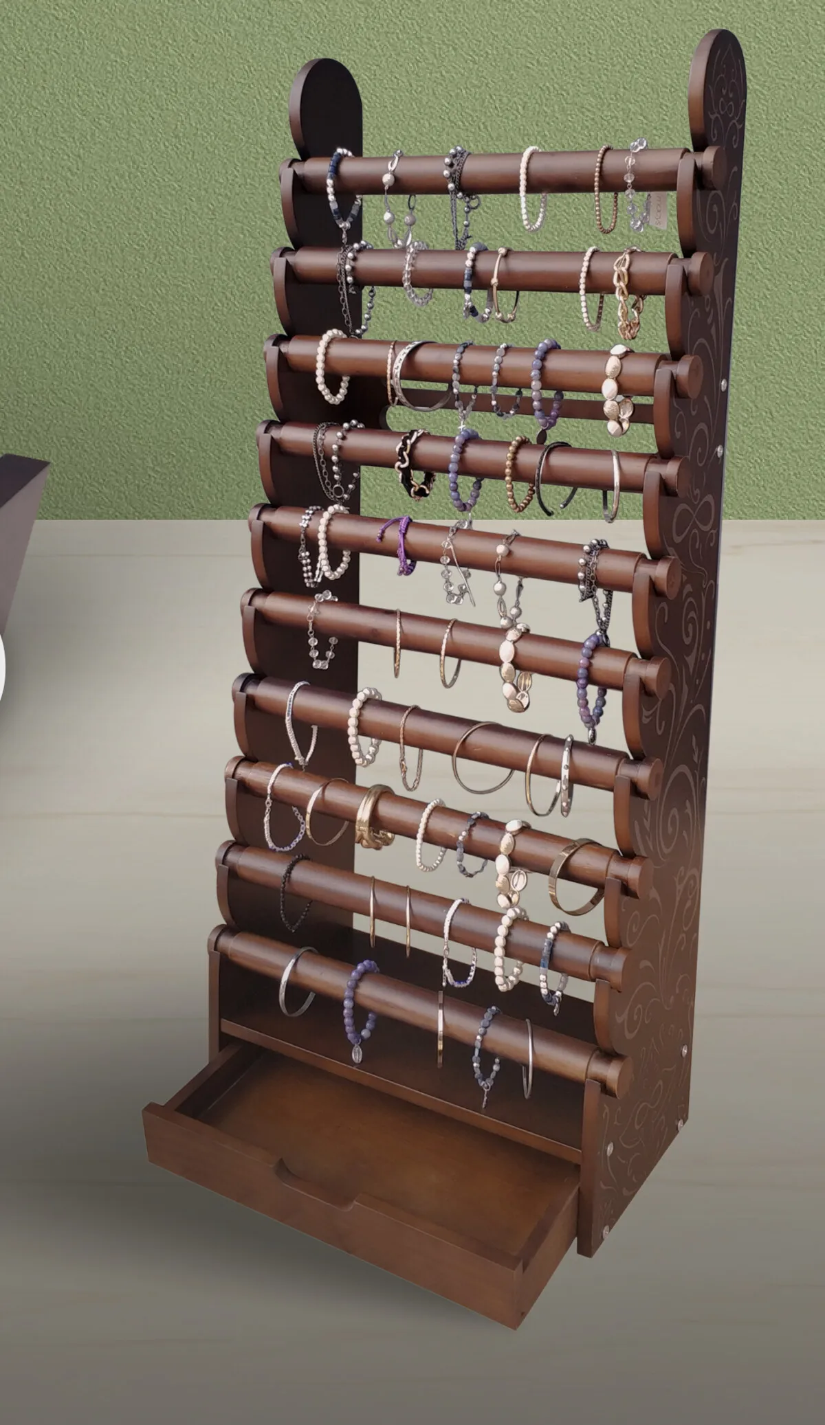 the dark wood 10-tier bracelet display with etched side panels — view 10